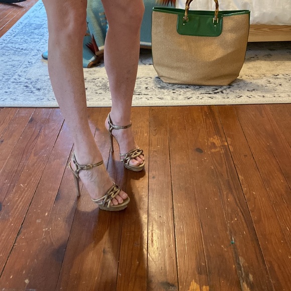 Ellie Tahari Python print nude and tan platform strappy sandal heels - Picture 6 of 10